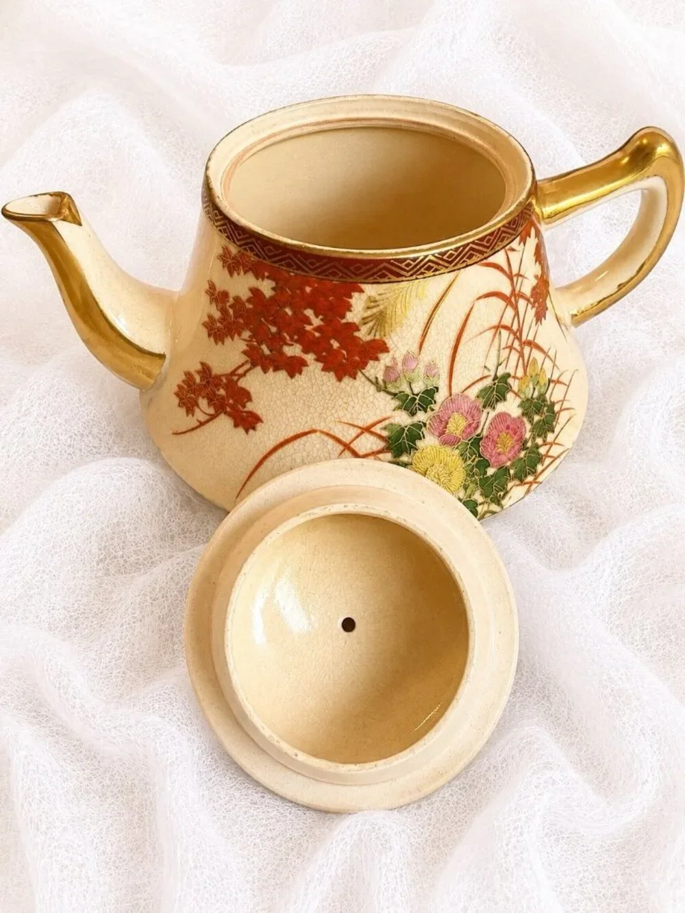 Vintage Kutani Japan Tea Set 13 Pc Autumn Maple Crackle Glaze Gold Trim Teapot